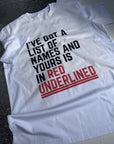 Medium (10/12) white tshirt list of names underlined