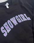 SHOWGIRL applique glitter varsity sweater