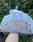 SHOWGIRL applique glitter varsity sweater