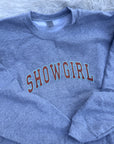 SHOWGIRL applique glitter varsity sweater