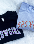 SHOWGIRL applique glitter varsity sweater
