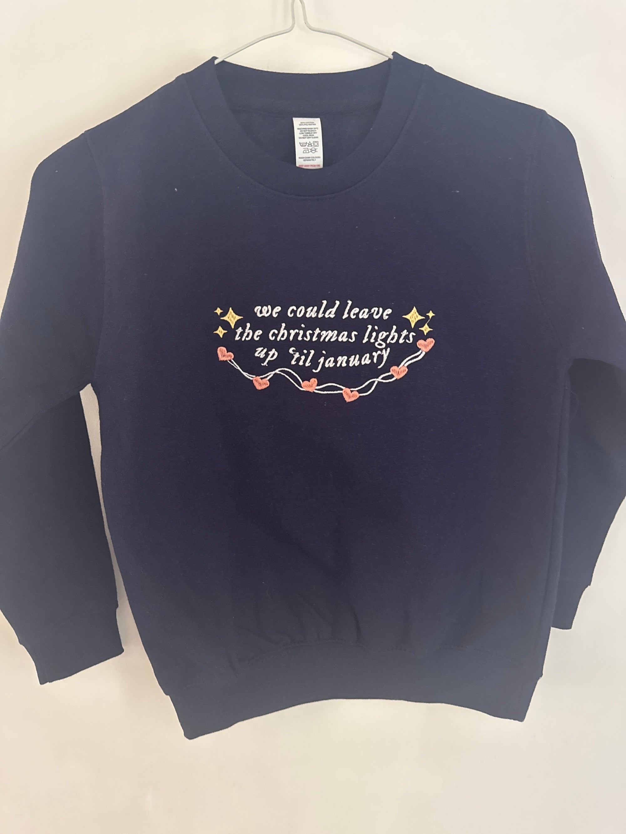 7-8 years SALE- Christmas lights love embroidered navy sweater