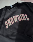 SHOWGIRL applique glitter varsity sweater