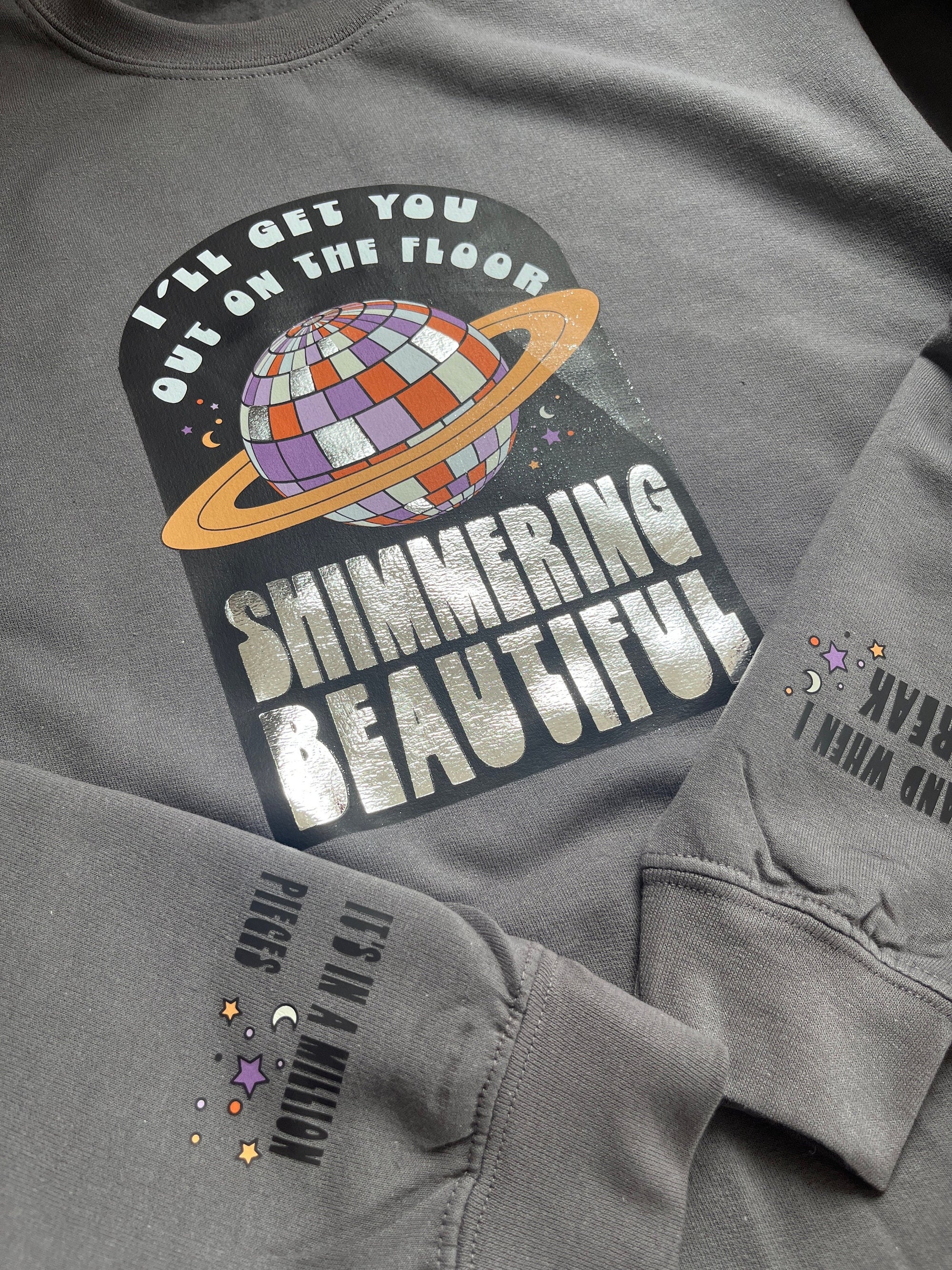 Mirror ball graphite and silver sweater | inner sleeve detail | folklore  Taylor Swift lyric sweater